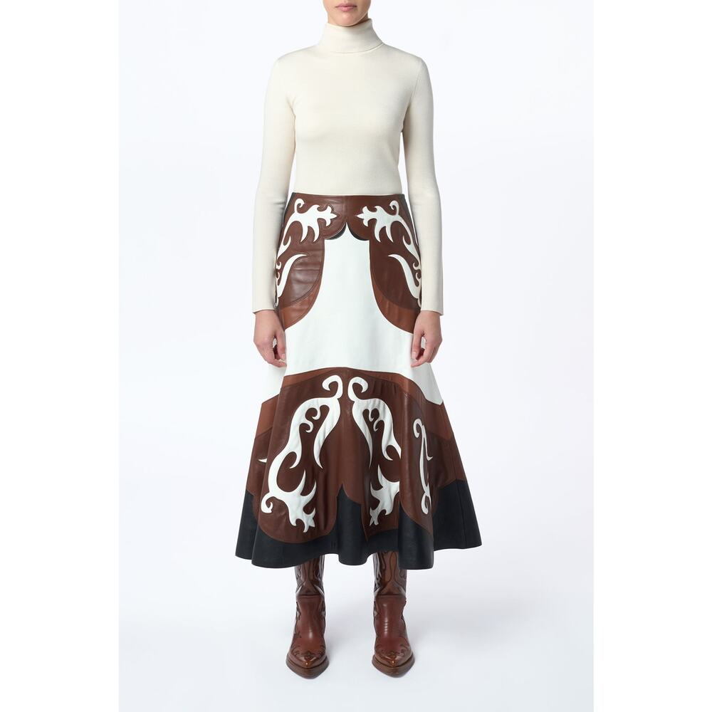 Gabriela Hearst Morton Western Nappa Leather Midi Skirt in Ivory Chestnut XS